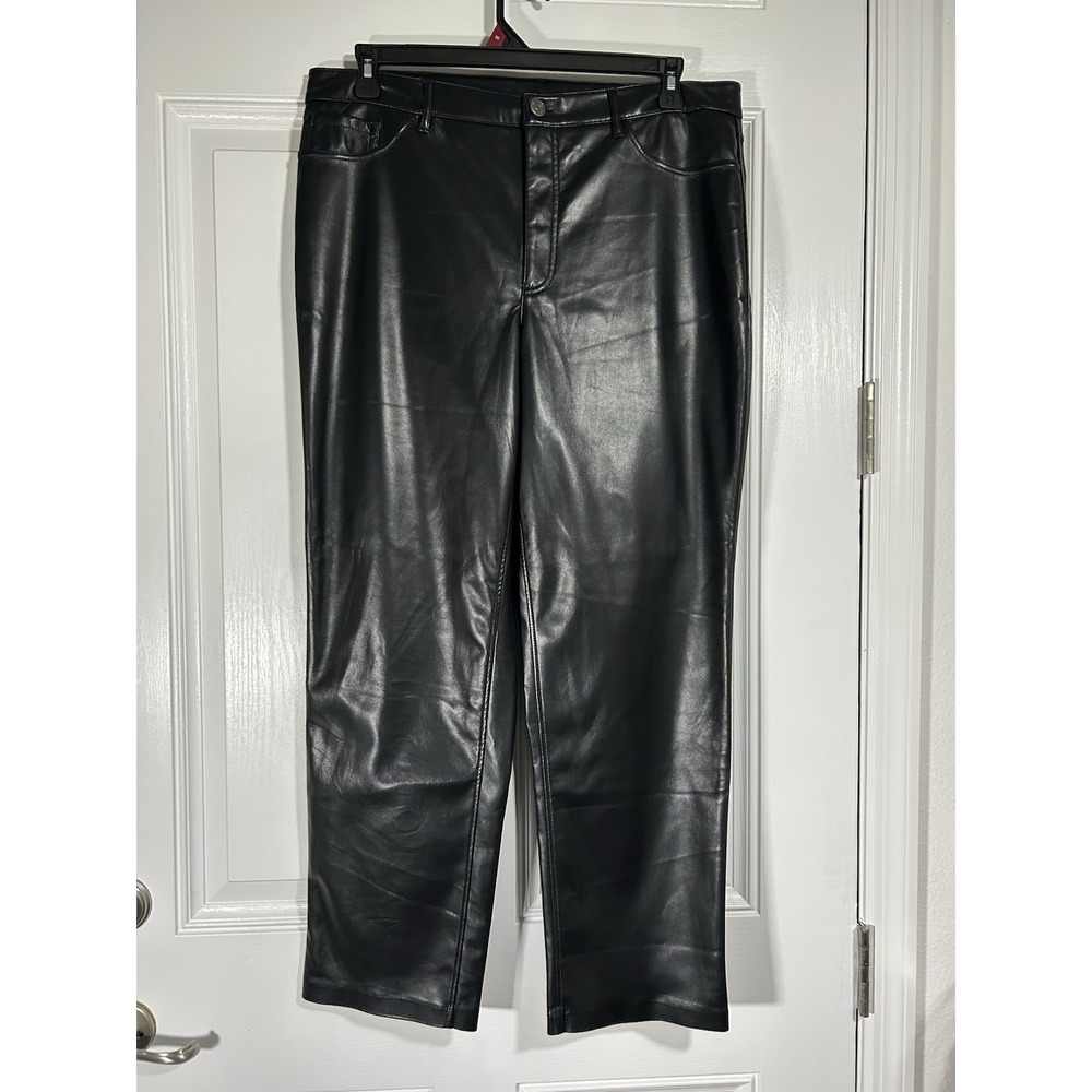 Womens Black Faux Leather Wide Leg Ankle High Rise Vegan Size 14 Stretch